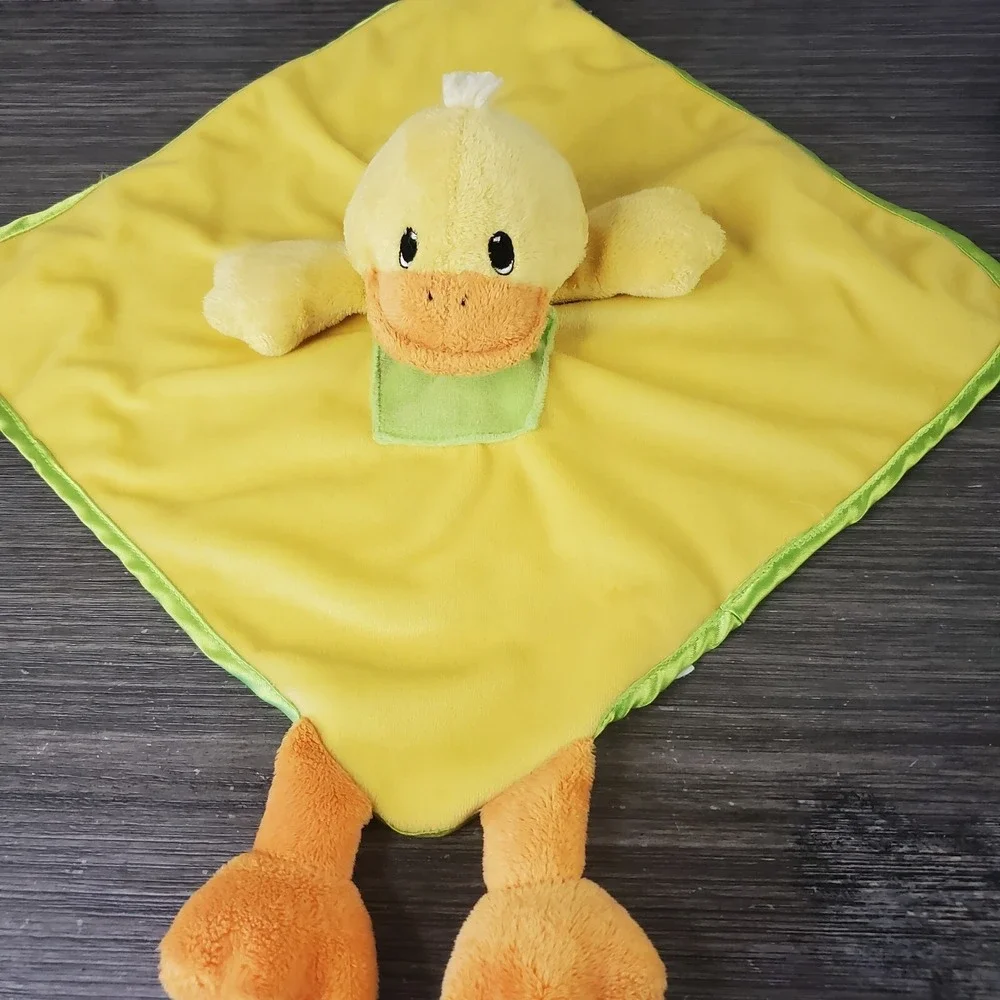 Best Ever Yellow Duck Lovey With Orange Feet, Green Trim Striped Cotton Back 13